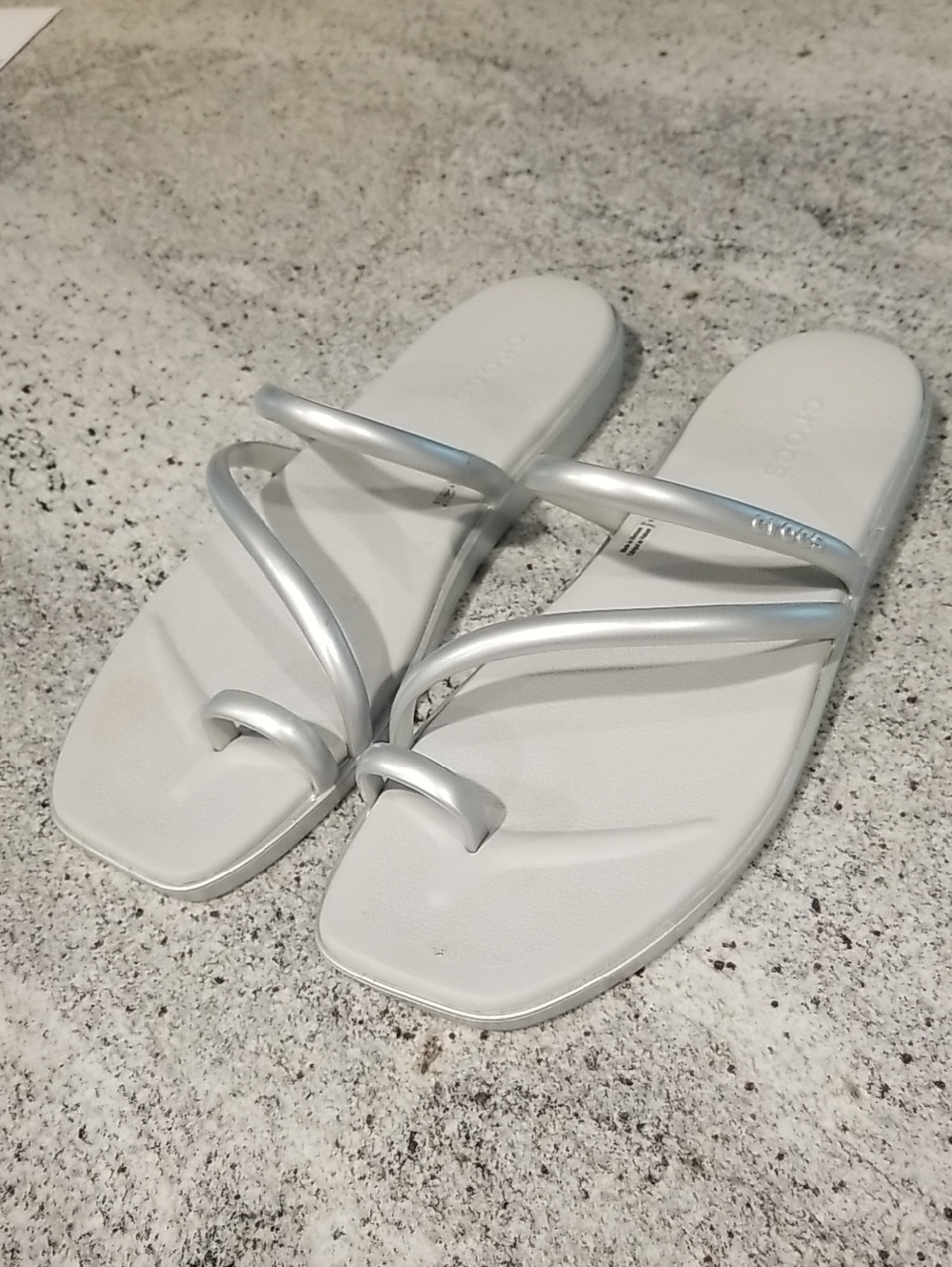 CROCS Silver Strappy Toe-Ring Slide Sandals
